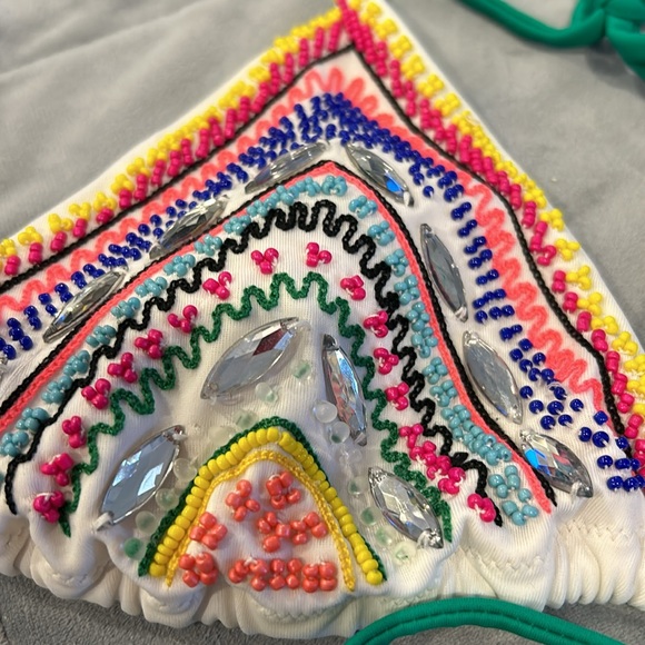 Colorful Beaded White Triangle Style Bikini Top-Sz M - Picture 3 of 10